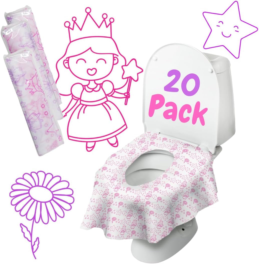 Princess Disposable Toilet Seat Cover for Kids 20 Pack, XL, Waterproof & Individually Wrapped Toddler Toilet Covers Disposable for Travel, Potty Liners for Toddlers, Potty Training for Girls and Boys